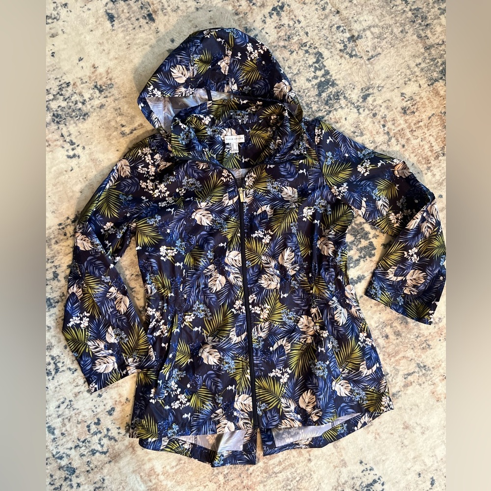 Susan Graver Anorak Jacket Blue & Olive Tropical Hood Spring Summer Raincoat